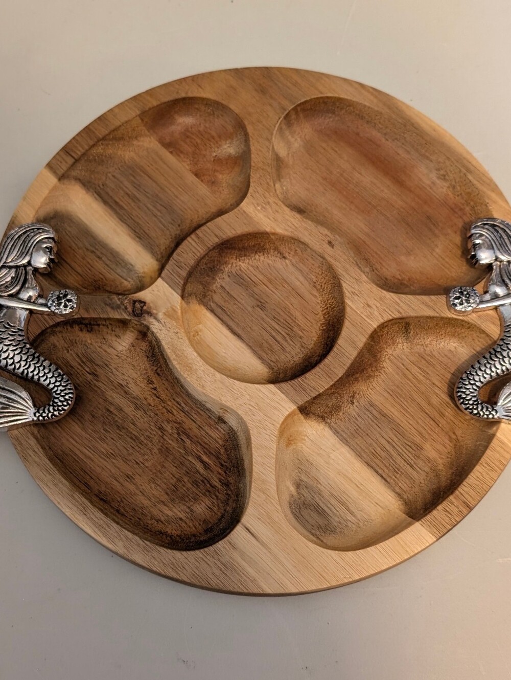 Wooden Serving Tray with Silver Mermaid Handles